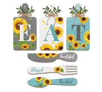 GOMAKERER 6 Pcs Sunflower Kitchen Decor Eat Sign, Grateful Thankful Blessed Fork and Spoon Wall Decor Wooden Cutting Board Eat Sign Set with Hemp Rope for Kitchen Dining Room Wall Decor