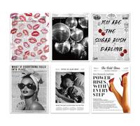 GOMAKERER 6 Pcs Trendy Newspaper Wall Art Prints, Vintage Black White Aesthetic Posters Retro Red Kiss Lip Poster Wall Decor for Bedroom Dorm Home Decoration, (20.5x25.5cm Unframed)