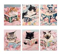 GOMAKERER 6 Pcs Vintage Cats Reading Books Wall Art, Pink Funny Animal Aesthetic Posters Minimalist Prints Trendy Preppy Wall Decor for Reading Room Dorm Home Decor, (20.5x25.5cm Unframed)