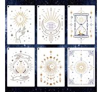 GOMAKERER 6 Sheets Celestial Sun Moon Star Stencil for Painting, Mystic Boho Cosmic Tarot Drawing Templates Reusable PET Art Stencils for Painting on Wall Wood Home Decor