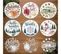 GOMAKERER 6 Sheets Fall Winter Stencil for Painting, Autumn Pumpkin Snowman Snowflake Drawing Templates Reusable PET Hello Fall Hello Winter Stencils for Painting on Wall Wood Home Decor