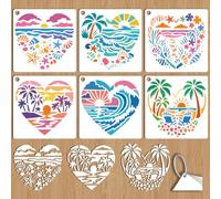 GOMAKERER 6 Sheets Love Beach Stencils for Painting, 6 Styles Palm Tree Shell Sunset Waves Wall Stencil Template Reusable Summer Coast Theme Stencils for Painting on Wall Wood Home Decor
