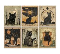 GOMAKERER 6Pcs Black Cat Tarot Art Posters, Vintage Prints Retro The Sun Moon Star Forest Unframed Mystical Decor, Themed Wall Art for Home Office School Living Room