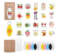 GOMAKERER 76 Pcs DIY Keychain Making Accessories, Cute Fruit Pattern Waterproof Stickers OPP Bags Plastic Rhombus Keychain Paper Display Cards Suitable for Hotel Motel Key Chains