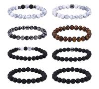 GOMAKERER 8 Pcs Tiger Eye Bracelets, 2 Sets 8 MM Natural Stone Bracelets Black Beaded Elastic Bracelet Volcanic Rock Dolomite Bracelet for Men Women