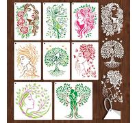 GOMAKERER 8 Sheets Woman Tree Stencils for Painting, 2 Sizes Humanoid Plants Tree of Life Drawing Templates Plastic Art Templates for Painting on Wall Wood Home Decor
