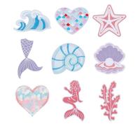 GOMAKERER 9 Pcs 9 Styles Mermaid Iron on Patches, Polyester Embroider Thread Iron on Patches Seashell Pearl Sew on Embroidered Applique for Clothing Hat and Backpack Decor