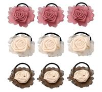 GOMAKERER 9 Pcs Flower Elastic Hair Ties, 3 Colors Floral Hair Bows Elastics Rubber Bands Scrunchy Hair Ties for Women Girls Wedding Bridal