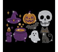 GOMAKERER 9 Pcs Halloween Iron on Rhinestones Transfer, Pumpkin Black Cat Witch Hat Skeleton Hot Fix Decoration Appliques Crystal Heat Transfer Decals Clothing Repair Patches for Clothes Holiday Party