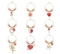 GOMAKERER 9 Pcs Valentine's Day Wine Charms, 9 Styles Heart Flower Angel Drink Markers Tags Red Acrylic Pendant Drink Identification Alloy Wine Glass Decoration for Wine Tasting Party Wedding