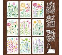 GOMAKERER 9 Sheets Large Wildflower Stencils for Painting, Flower Clusters Reusable Drawing Templates Floral Design Plastic Art PET Templates for Painting on Wall Wood Home Decor, 30x20mm