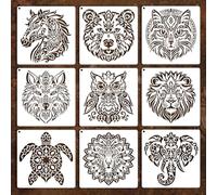 GOMAKERER 9 Sheets Mandela Animals Stencils for Painting, 9 Styles Turtle Tiger Wolf Owl Lion Drawing Template Reusable Animal Art Templates for Painting on Wall Wood Home Decor