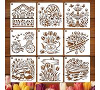 GOMAKERER 9 Sheets Tulip Flower Stencils for Painting, 9 Styles Bicycle Waterwheel Teapot Flower Stand Tulip Scene Stencils Plastic Art Stencil Template for Painting on Wall Wood Home Decor