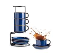 Gomakren 2.5 Ounce Espresso Cups Set of 4, Small Stackable Coffee Cups with Saucers and Metal Stand Father's Day Porcelain Demitasse Cups for Specialty Coffee Drinks, Espresso, Cappuccino, Cobalt Blue