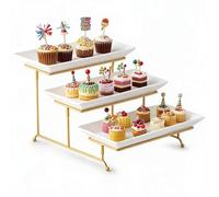 Gomakren 3 Tier Serving Stand with Porcelain Serving Platter Tray - Collapsible Gold Stand with 3 Piece Large14 Inch White Plates for Food Presentation Dessert Server Display and Entertaining