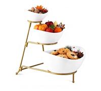 Gomakren 3 Tiered Oval Serving Bowl with Collapsible Metal Rack, Chip and Dip Serving Set, Dessert Appetizer Bowl Set (45oz / 17.5oz / 7oz), White Serving Bowls For Entertaining (Gold Stand)