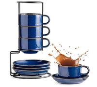 Gomakren 6 Ounce Cappuccino Cups with Saucers and Metal Stand, Stackable Coffee Cup Set of 4, Porcelain Espresso Cups for Coffee Drinks, Cappuccino, Latte, Americano, Tea, Cobalt Blue