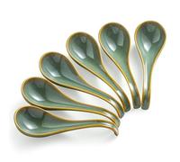 Gomakren Asian Soup Spoons Set of 6, 6.5in Ceramic Ramen Spoons, Blue-Green | Deep Oval Design, Ergonomic Curved Handle, Stackable | Rustic Japanese Style, Daily Dining, Cereal Pho Broth Dumpling Spoons
