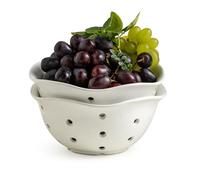 Gomakren Ceramic Berry Basket Set of 2, Rustic Fruit Basket Container 6 Inch, Fruit Bowl with Holes for Kitchen, Berries, Strawberry, Grape, Cherry, Floral Shape - Cream White
