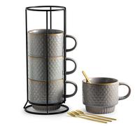 Gomakren Coffee Mugs Set of 4, 13 Ounce Stackable Coffee Mugs with Stand, Ceramic Coffee Cups with Spoon for Coffee, Espresso, Cappuccino, Latte, Cocoa, Tea and Milk, Light Gray