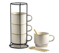Gomakren Coffee Mugs Set of 4, 13 Ounce Stackable Coffee Mugs with Stand, Halloween Ceramic Coffee Cups with Spoon for Coffee, Espresso, Cappuccino, Latte, Cocoa, Tea and Milk, Creamy White