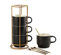 Gomakren Stackable Coffee Mugs with Stand, Stoneware Mugs with Spoon, Milk, Tea, Cocoa, Black, Set of 4