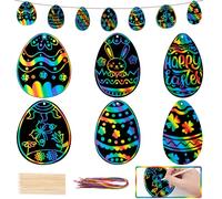 GOMANCHE 36 Pieces Easter Scratch Art Paper, Easter Egg Rainbow Magic Scratch Crafts Ornaments with Wooden Stick and Ribbon for Kids Easter Party Favor Decorations