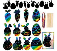 GOMANCHE 36 Pieces Easter Scratch Paper, Rabbit Bunny Carrot Easter Egg Rainbow Magic Scratch Painting with Wooden Stick and Ribbon for Kids Easter Party Decorations