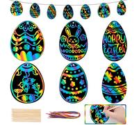 GOMANCHE 48 Pieces Easter Scratch Art Paper, Easter Egg Rainbow Magic Scratch Crafts Ornaments with Wooden Stick and Ribbon for Kids Easter Party Favor Decorations