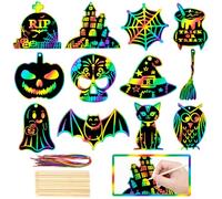 GOMANCHE 48 Pieces Halloween Scratch Crafts for Kids, DIY Rainbow Magic Design Paper, Bat Pumpkin Haunted House Arts and Crafts Ornaments for Party Favors, Holiday Decoration