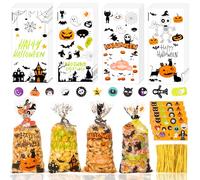 GOMANCHE Halloween Cellophane Treat Bags, 100 pcs Clear Candy Goodie Bags with 100pcs Twists Ties, 4 Styles Trick or Treat Bags with Gift Tag for Kids Holiday Party Supplies