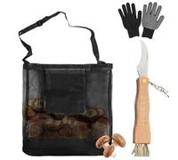 GOMETY Black Mushroom Foraging Belt Bag with Mushroom Knife, Large Stainless Steel Mushroom Knife, Nylon Work Gloves Black with Knife Holder & Shoulder Strap for Forest & Garden