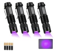 GOMETY Pack of 4 UV Torch Black Light Lamp, 395 nm LED Mini UV Lamp, Small Ultraviolet Light with Adjustable Focus, Black Light Torch for Geocaching, Pet Urine Detectors, Amber Search