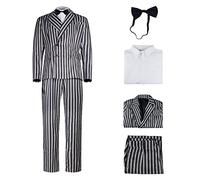 Gomez Addams Costume Mens Gangster Stripe Blazer Pants Shirt Necktie Halloween Family Suit, Gomez, S