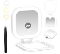 GOMIPURU Travel Mirror with Light, Compact Mirrors, 1x/30x Magnifying Mirror with 3 Color Lights and Adjustable Brightness, 4.5x3.9 inch Small Compact Hangable Hand Pocket Mirrors, Comes with Tweezer