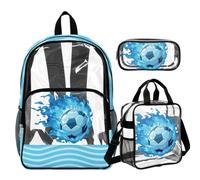 Gomyblomy Clear Backpack for School Boys Transparent Bookbag with Lunch Bag 3-In-1 Set Heavy Duty Kids See Through Bags, Blue Fire Soccer