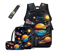 Gomyblomy Galaxy Backpack for Boys 4 Piece Kids School Bag with Lunch Bag for Elementary Middle School 17 Inch Large Capacity Teens Bookbag for Boys 8-12 12-14 with Pencil Case Keychain