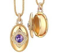 GONA GIFT 3-Layer Photo Locket Necklace, Handcrafted with Swarovski® Purple Crystals & Amethyst, Zircon Inlaid Floral Design, 4 Photo Windows, Hypoallergenic Adjustable 14k Gold-plated Alloy Chain