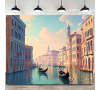 Gondola Photography Background Fabric - Colorful Italian Canal City Landscape, Durable Polyester 440x300CM