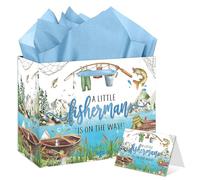 Gone Fishing Baby Gift Bag Large Fish Theme Paper Bag Gone Fishing Theme Baby Shower Party Gift Bag with Card Tissue Paper for Boy Birthday Party Decorations Baby Shower Birthday Party Supplies