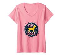 Gone to The Dogs: Playful Pet Lover Graphic V-Neck T-Shirt, Women, Pink, L