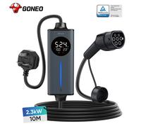 Goneo Portable EV Charger UK 3 Pin Plug Type 2, 10M 2.3kW Adjustable Current, IP66 Waterproof, Electric Car Charger for Home Travel