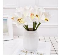 Gonetre Faux Orchid Decor 3D Printed Silk Flowers Elegant Artificial Orchid Bouquet Flexible Stems for Weddings Home Decor 6 Stem Orchid Floral Arrangement (White)