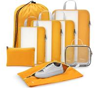 Gonex 8 Set Compression Packing Cubes for Travel, Expandable Mesh Packing Organizer for Travel Accessories Essentials with Toiletry Bag, Laundry Bag, Shoe Bag, Cable Bag for Suitcases, Orange