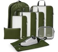 Gonex 8 Set Compression Packing Cubes for Travel, Expandable Mesh Packing Organizer for Travel Accessories Essentials with Toiletry Bag, Laundry Bag, Shoe Bag, Cable Bag for Carry On, Deep Green