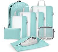 Gonex 8 Set Compression Packing Cubes for Travel, Expandable Mesh Packing Organizer for Travel Accessories Essentials with Toiletry Bag, Laundry Bag, Shoe Bag, Cable Bag for Suitcases, Grey Blue-Green