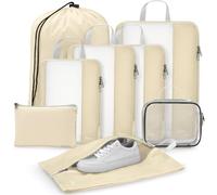 Gonex 8 Set Compression Packing Cubes for Travel, Expandable Mesh Packing Organizer for Travel Accessories Essentials with Toiletry Bag, Laundry Bag, Shoe Bag, Cable Bag for Suitcases, Beige