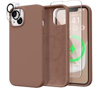 GONEZ 5 in 1 for iPhone 15 Case Magnetic, Compatible with Magsafe, with 2X[Screen Protectors + Camera Lens Proctetors], Slim Full Body Case, Skin-Like Silicone Phone Case 6.1",Brown