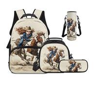 Gongbawa Backpack for Girls with Lunch Box Set: 4 in 1 School Bag Age 8-10 - All-in-One School Kit Ready for Elementary, Western Cowgirl Horse, L, Cute Style