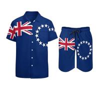 GONMFKM Short Sleeve Casual Tropical Hawaiian Shirt For Men Set With Shorts Summer Funny Cook Islands Flag Print Hawaiian Shirts For Holiday Beach Funky Party